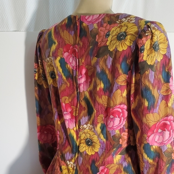 Vintage 80s Pat Argenti 100%Silk Dress 12 Pink Floral Long Sleeve Sheath Y2K - Picture 9 of 15